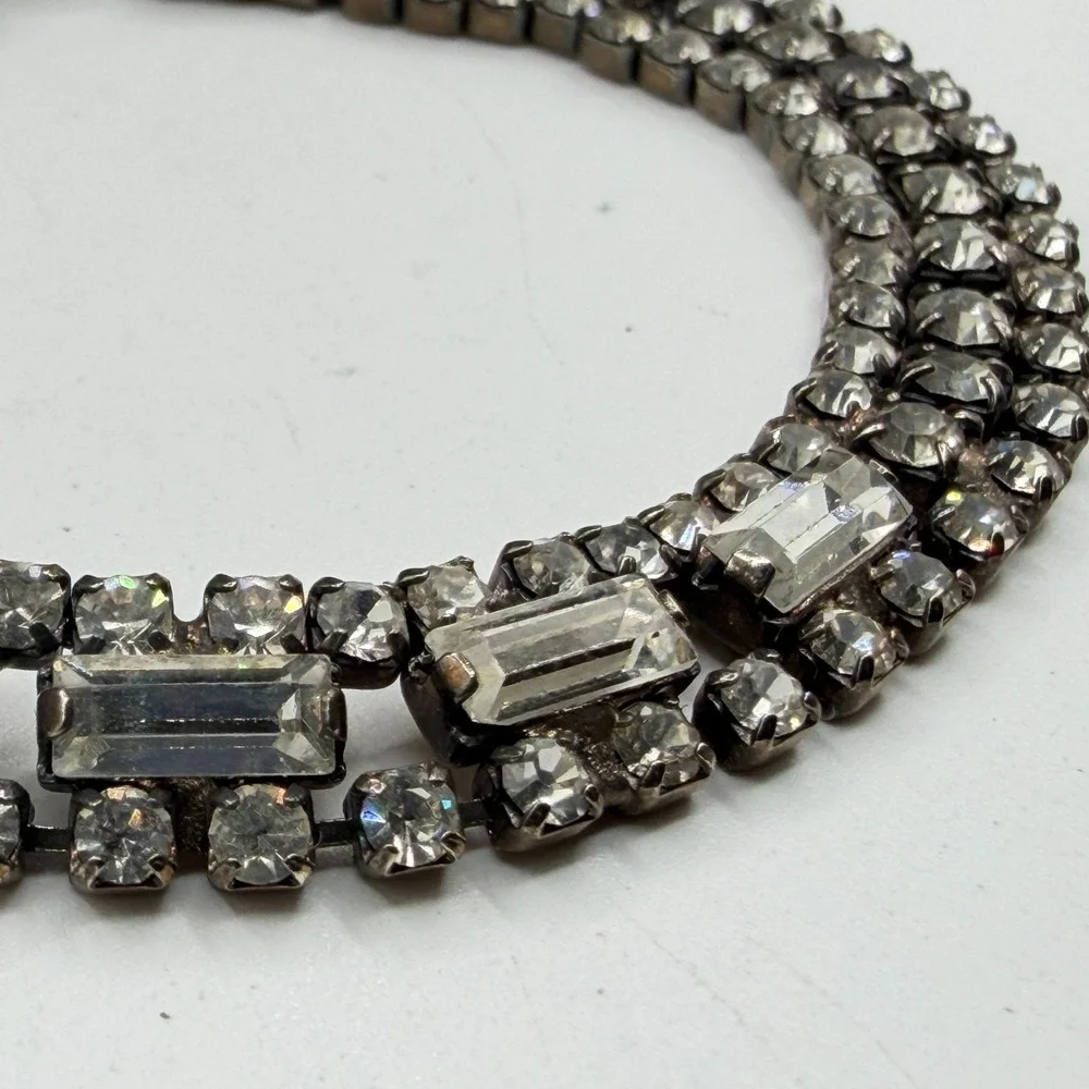 Clear Rhinestone Silver Tone Multi Row Bracelet Baguette Statement Bridal Gift